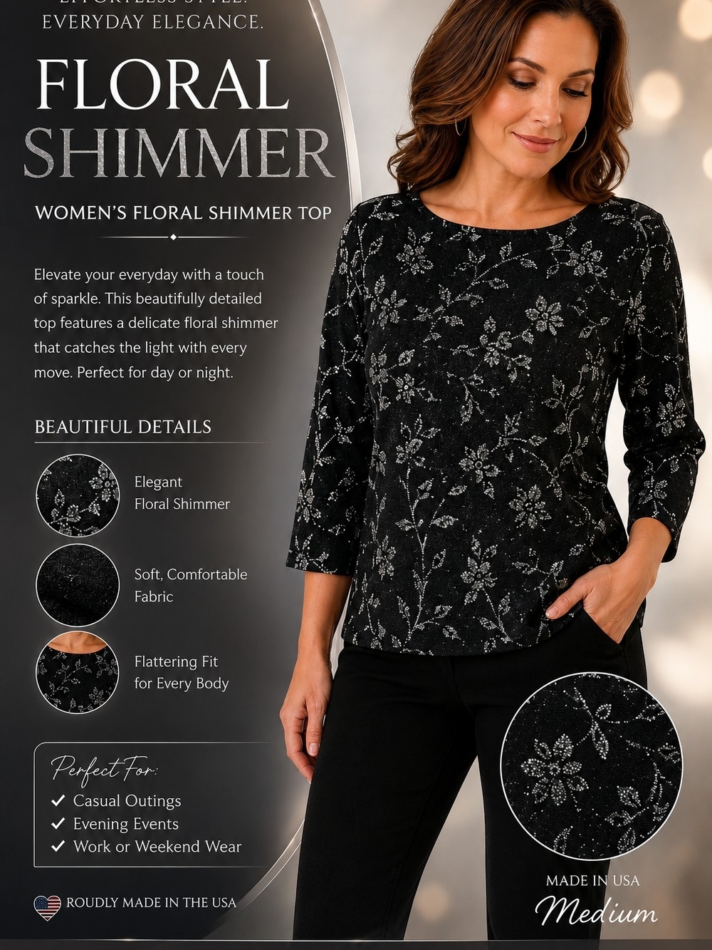 Women's Floral Shimmer Top - Black